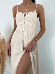 Serisse 女士优雅度假风纯色撞色蕾丝束腰吊带连衣裙，夏季 - 杏色 - 查看 8