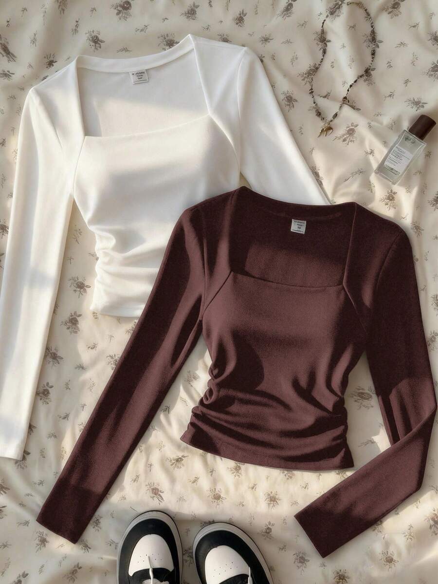 Teen Girls T-Shirts Brown & White Knitted Ruched Waist Square Neck Long Sleeve Inner Layer Multi-Piece Set - Multicolor - View 1