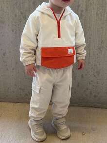SHEIN Young Boy Letter Patchwork Color Block Hoodie And Cargo Pants Set - Apricot - View 1
