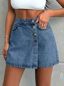 EURMUSE Falda corta 100% algodón con detalles de botones lavado claro - Neblina azul - Ver 6