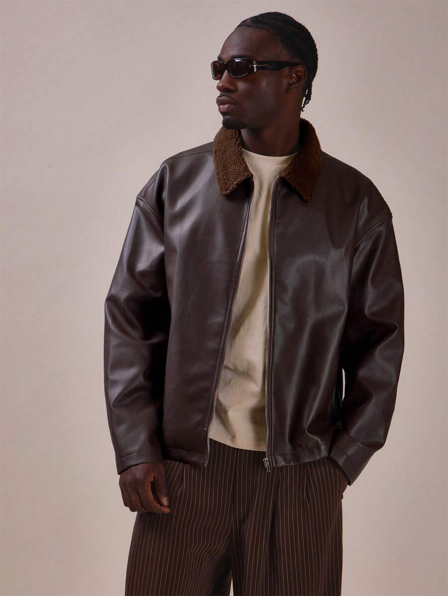 Musero Oversized Drop Shoulder P.U Biker Jacket With Contrast Borg Collar Zipper Fastening Spring Summer Essentials - Brown - View 1