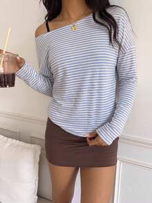 SHEIN EZwear 休閒極簡風藍色條紋滿版印花女款長袖不對稱領寬鬆版型T恤，適合初秋，百搭 - 彩色 - 查看 5