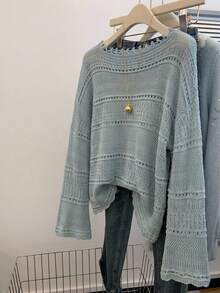 Freevana Plus Size Solid Color Boat Neck Knit Loose Bell Sleeve Top Suitable For Daily Wear Vacation Dusty Blue Autumn Traditional Fall Winter 2026 - Mint Blue - View 3