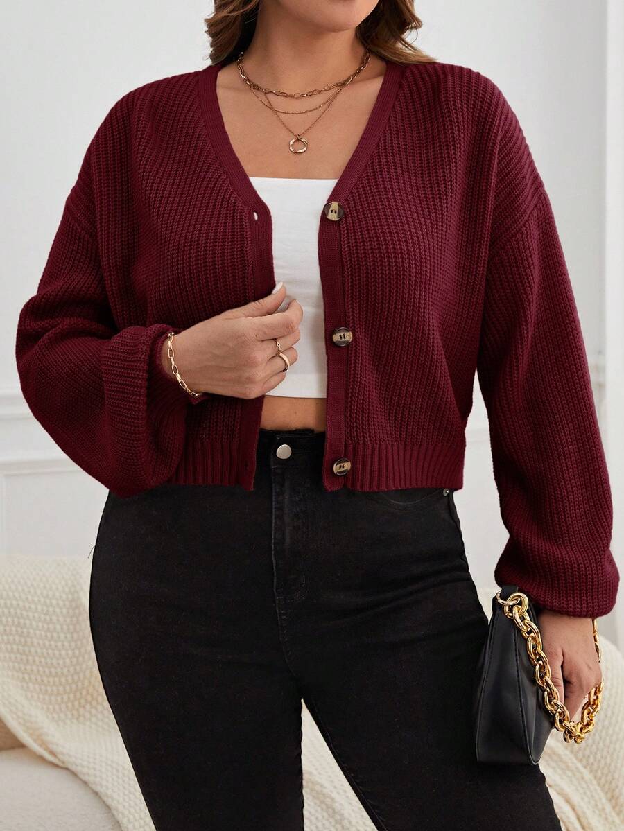 SHEIN Essnce Cardigan Pendek Kasual Ukuran Besar Warna Polos untuk Wanita, Pakaian Musim Gugur dan Musim Dingin - Burgundy - View 1