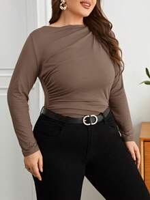 SHEIN Privé Plus Size Women Solid Color Ruched Fitted Versatile Casual T-Shirt - Khaki - View 4