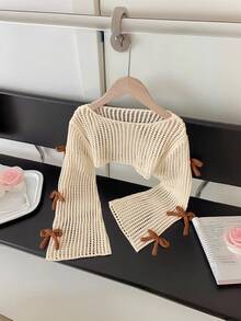 SHEIN Tween Girl Handmade Crochet Knit Sweater, Soft Breathable Openwork Pullover, Bowknot Sleeve Detail, Cute Casual Style For Girls, Autumn Winter - Brown - View 1