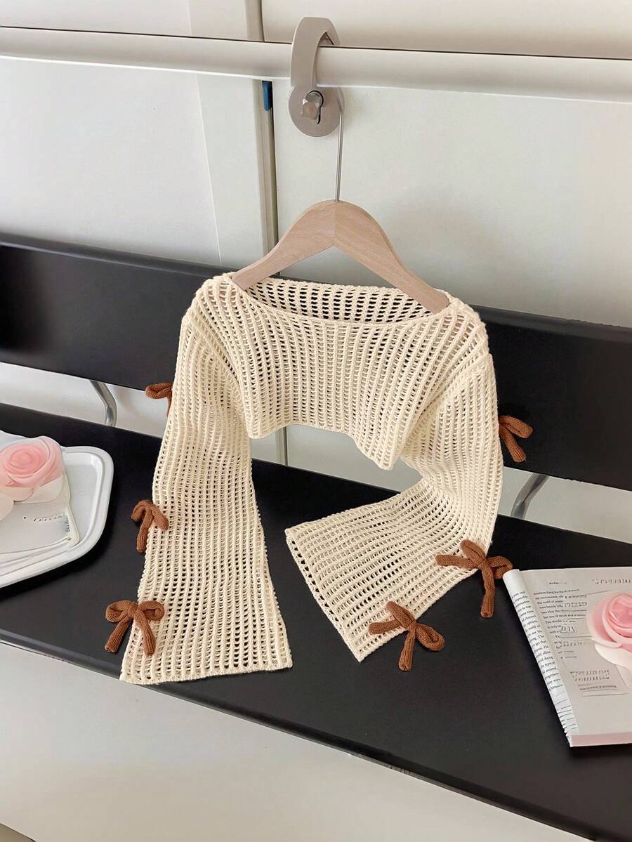 SHEIN Tween Girl Handmade Crochet Knit Sweater, Soft Breathable Openwork Pullover, Bowknot Sleeve Detail, Cute Casual Style For Girls, Autumn Winter - Brown - View 1