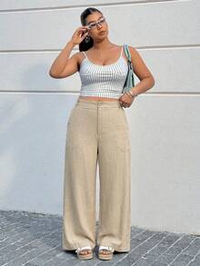 Muchica Plus Size Chocolate Brown Slant Pocket Casual Loose Pants Formal Vacation Autumn Fall Vacation Vacation Vacation - Camel - View 5