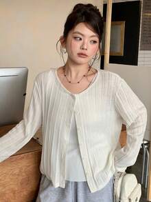 Dazy Plus Cardigan Wanita Ukuran Besar Kasual Warna Putih Leher Bulat Lengan Panjang, Atasan Lucu untuk Musim Semi/Panas - Putih - View 4