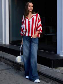 Wovencharm Wovencharm 100%Cotton Women's Colorblock Striped Batwing Sleeve Shirt - Red - View 6