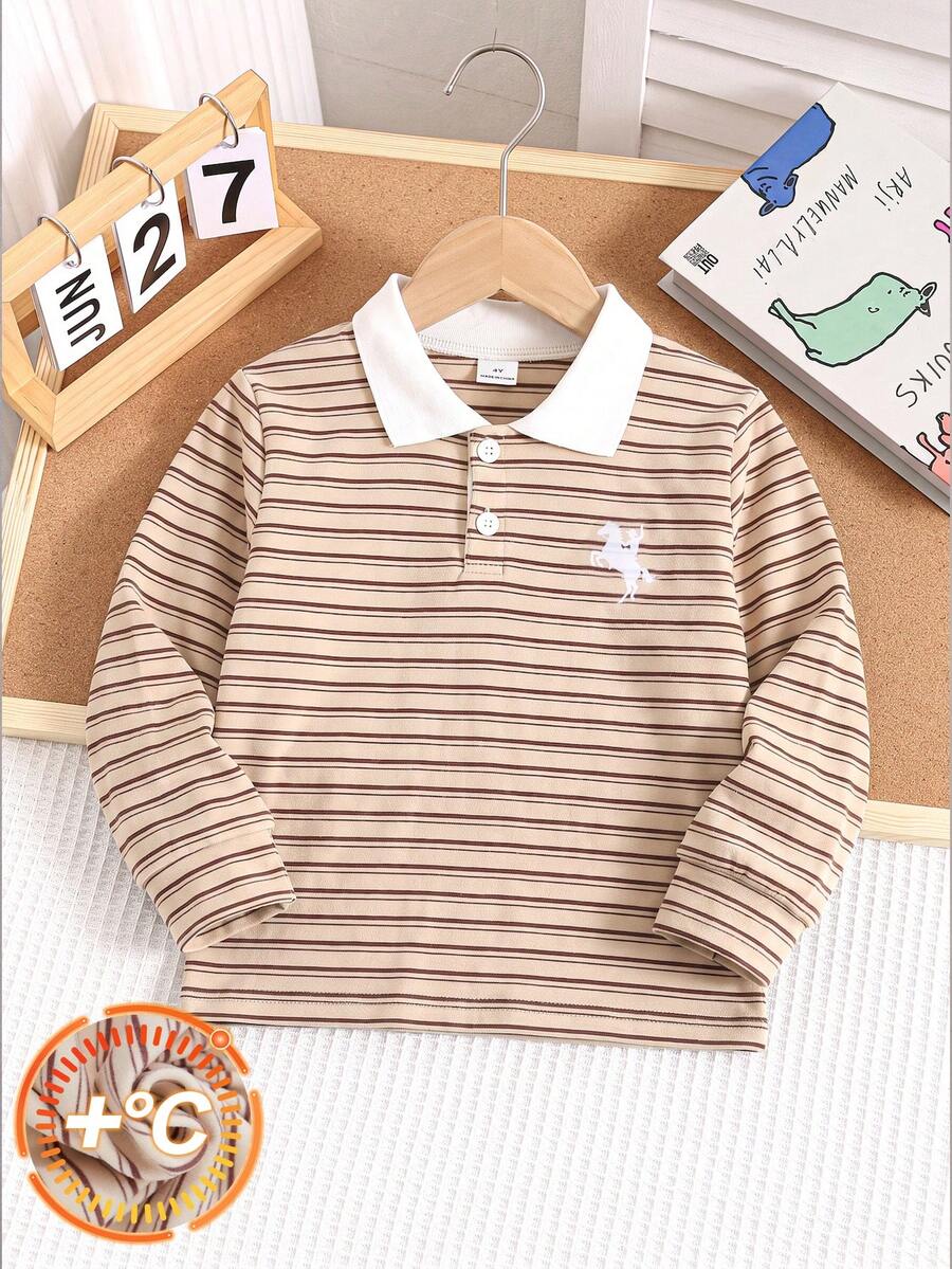 SHEIN 男童冬季新款長袖 Polo 衫，對比色領口白色細緻柔軟親膚針織上衣，小馬刺繡簡約復古風 - 杏色 - 查看 1