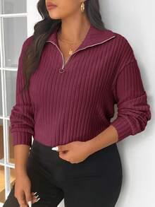 SHEIN Frenchy Kaos Kasual Kerah Resleting Warna Aprikot Lembut Ukuran Besar, Pakaian Musim Gugur untuk Wanita - Burgundy - View 4