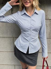 SHEIN EZwear Women's Casual Long Sleeve Shirt, Streetwear, Suitable For Daily Commute, Date, Party, Autumn/Winter, Summer, Party, Wedding, Beach, Graduation Ceremony, Elegant, Casual, Outing, Y2K, Music Festival Outfit, Holiday Clothing, Back To School Outfit - Multicolor - View 7