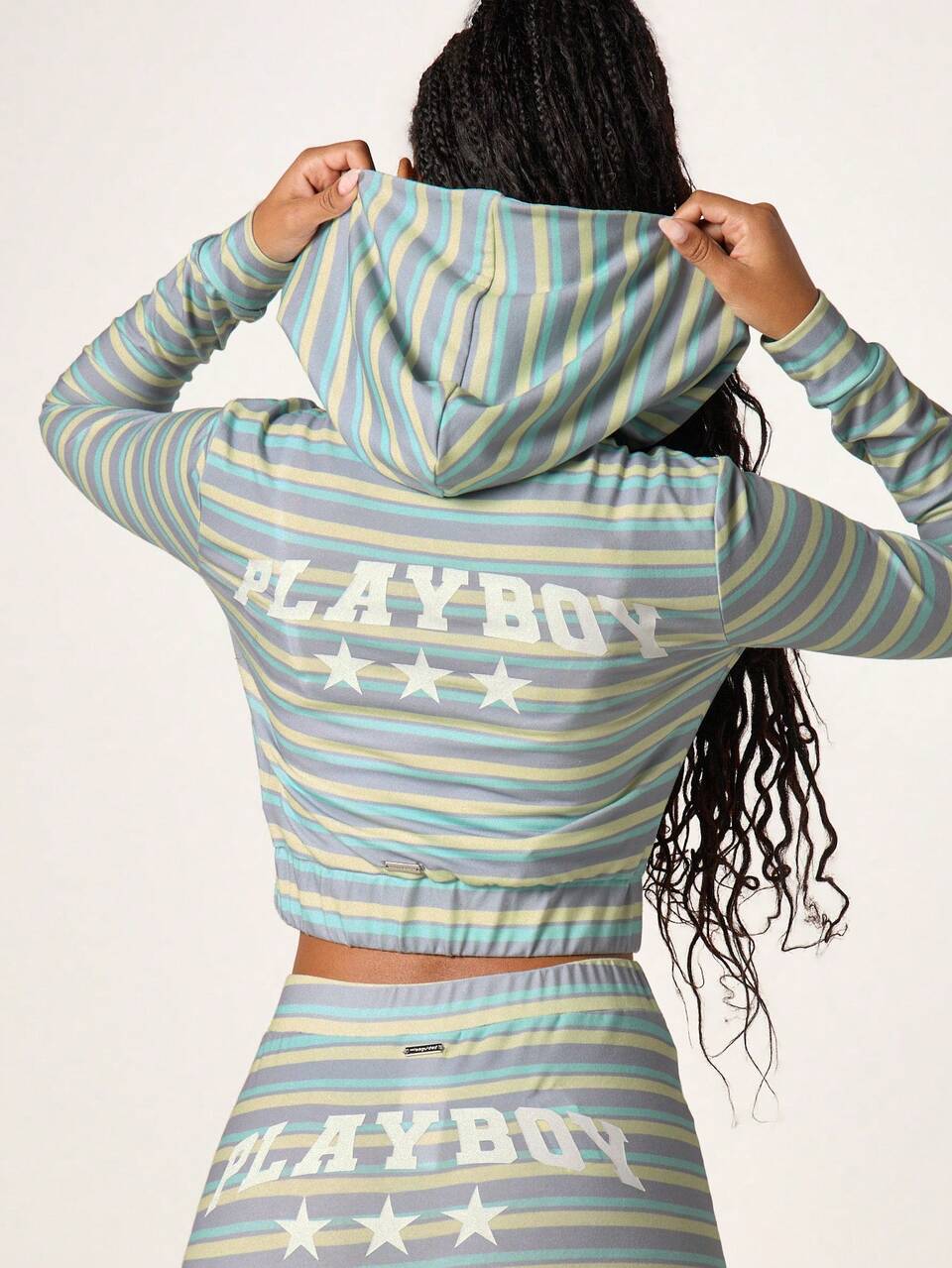 Missguided x Playboy Women's Pastel Striped Full Zip Hoodie With Logo Casual Sweatshirt Jacket Long Sleeve Drawstring
