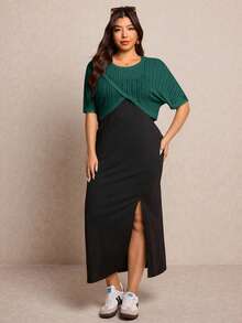 Elaquor Plus Size Solid Color Side Slit Cami Dress And Round Neck Cropped Top 2-Piece Set - Dark Green - View 5