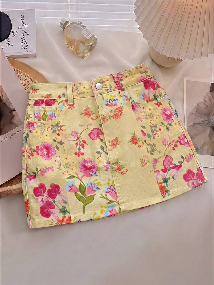 SHEIN MOD 女款夏季休閒花卉印花牛仔裙 - 彩色 - 查看 1