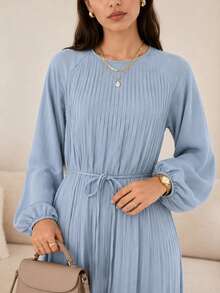 Solavon Einfaches vielseitiges Damenkleid mit Plissee und langen Ärmeln - Blau - Übersicht 4