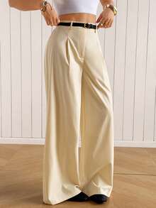 SHEIN EZwear 女款純色百褶休閒百搭寬腿褲，適合日常穿著 - 卡其色 - 查看 5