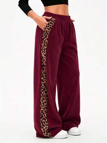 SHEIN LUNE Women's Autumn/Winter Leopard Print Patchwork Casual Straight Leg Pants - Burgundy - View 4