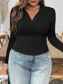 SHEIN Essnce 大码女装秋冬休闲时尚舒适 POLO 领 V 领腰部褶皱长袖 T 恤，秋季女装，黑色上衣，曲线打底上衣，教师服，工作上衣，教堂女装 - 黑色 - 查看 3