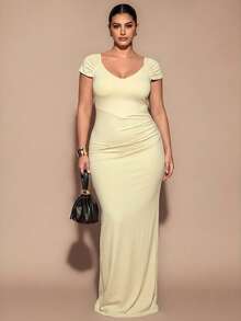 SHEIN BAE CURVE Plus Size Elegant Solid Color Dress - Apricot - View 5