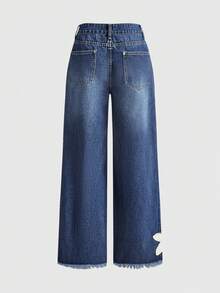 ROMWE Fairycore Vintage Floral Embroidered Ultra Low Waist Retro Washed Straight Leg Jeans For Women - Blue - View 2