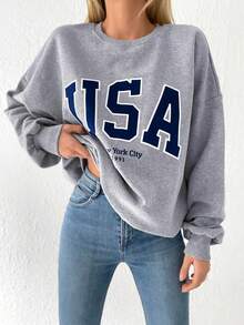 EURMUSE Cotton Letter Graphic Drop Shoulder Sweatshirt - Light Grey - View 5