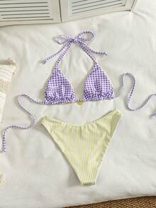 Swim Mod 女款夏季海灘度假甜美黃色條紋可正反穿比基尼泳衣套裝 - 彩色 - 查看 2
