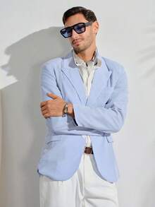 VeloEdit Men Business Casual Striped Lapel Long Sleeve Button Front Blazer, Ceremony, FormalFall Winter Commute‌ Old Money Wedding - Baby Blue - View 1