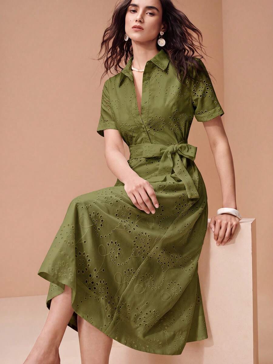 BELROSIE 歐美風春夏新款時尚百搭刺繡特殊面料綁帶優雅度假風女款中長洋裝 - 軍綠色 - 查看 1