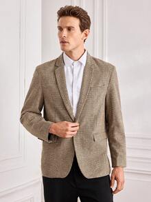 Officeau Fashionable Vintage Houndstooth Tweed Blazer, Men's Single-Breasted Elegant Jacket, Suitable For Parties And Daily Wear - Khaki - View 5