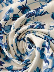 Linhara Plus Size Allover Printed Summer Slimming Ruffle Trim Blouse , Holiday Summer Vacation Top - Blue and White - View 4