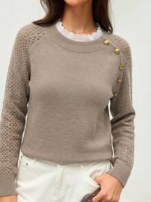 SHEIN Orluneo 全新花卉装饰圆领宽松休闲女式毛衣 - 卡其色 - 查看 5