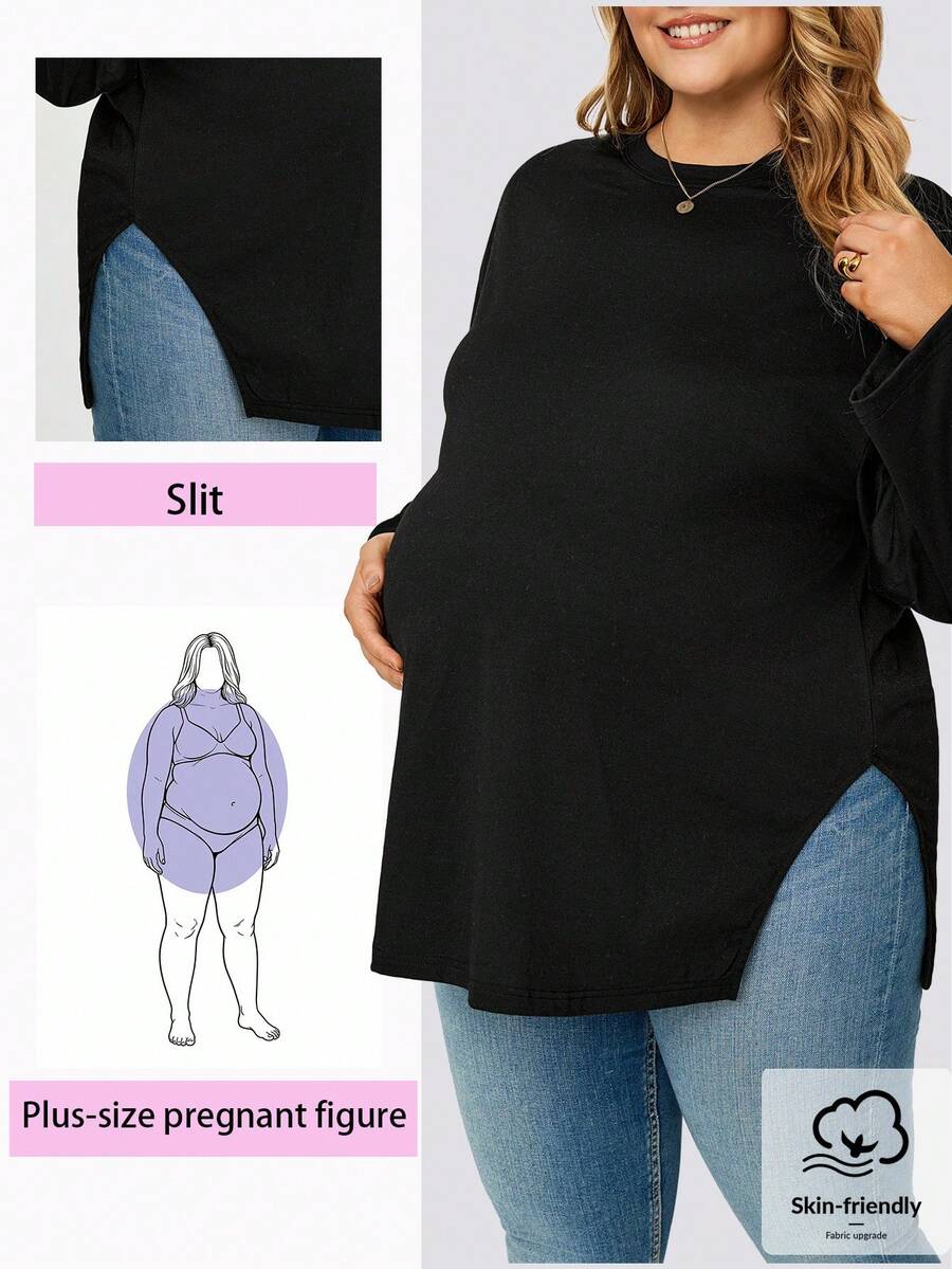 Plussiva Plus Size Maternity Casual Autumn Black Long-Sleeved Loose T-Shirt Versatile Solid Color Side Slit Top Fall Work Breast Feeding Postpartum - Black - View 1