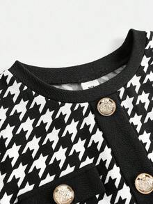 SHEIN 青少年女孩可爱千鸟格拼色针织休闲连衣裙，时尚百搭，适合日常穿着 - 黑色 - 查看 4