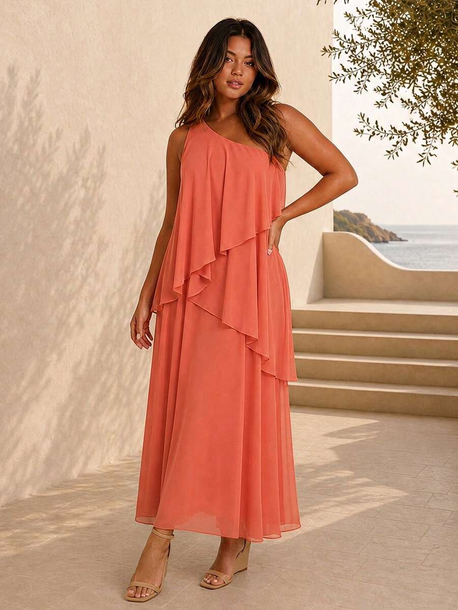 ELLERISSA Plus Size Orange One Shoulder Layered Chiffon Maxi Dress - Orange - View 1