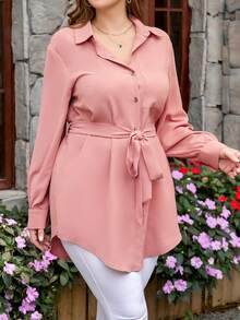 Firerie Plus Size Women Spring/Summer Solid Color Long Sleeve Pocket Casual Shirt Fall - Dusty Pink - View 6