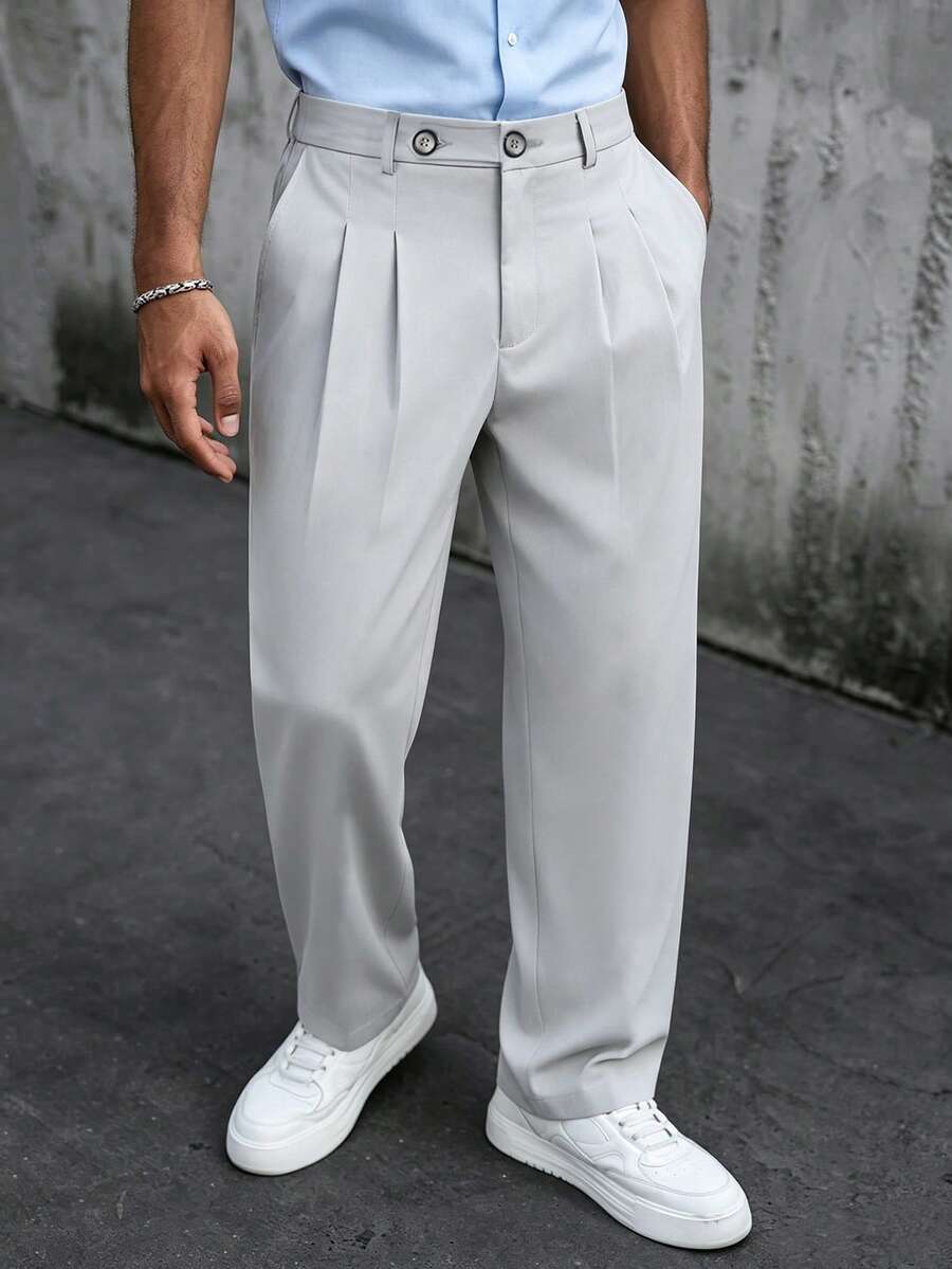 Manfinity CasualCool 男士淺灰色雙褶寬腿西裝長褲,雙扣腰部設計,寬鬆顯瘦休閒長褲,極簡斜口袋,復古純色正式長褲,百搭日常通勤長褲 - 灰色 - 查看 1
