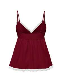 ROMWE Ribbed Lace Camisole & Shorts Casual Pajama Set - Burgundy - View 6