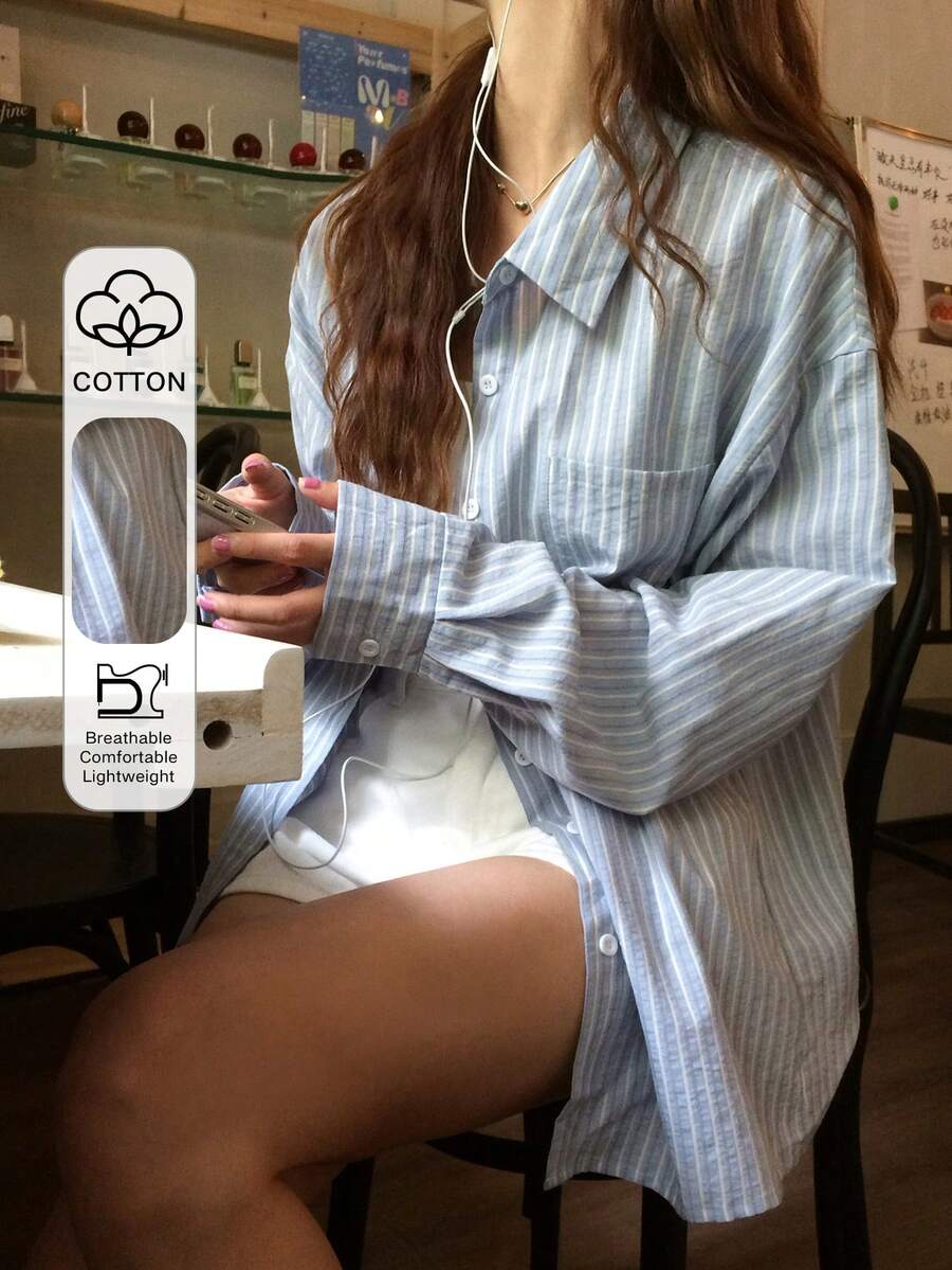 DAZY 女款條紋單排扣休閒日常穿著襯衫 - 藍色 - 查看 1