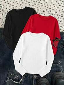 SHEIN Girlism 3件套少女圆领休闲修身长袖T恤套装，适合秋冬季穿着 - 紅色 - 查看 4