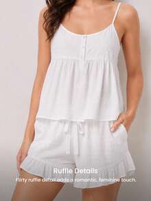 LUVLETTE Summer Sweet Elegant Airy White Polka Dot Pajama Set - Ruffled Camisole & Shorts Sheer Sophisticated Lounge Wear - White - View 5