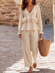 Breezaya Women's Spring Beige Multi-Layered Ruffled Long-Sleeved Top Pants, Autumn Casual Elegant Brunch Tea Party Vacation Two Pieces Set - Apricot - View 3