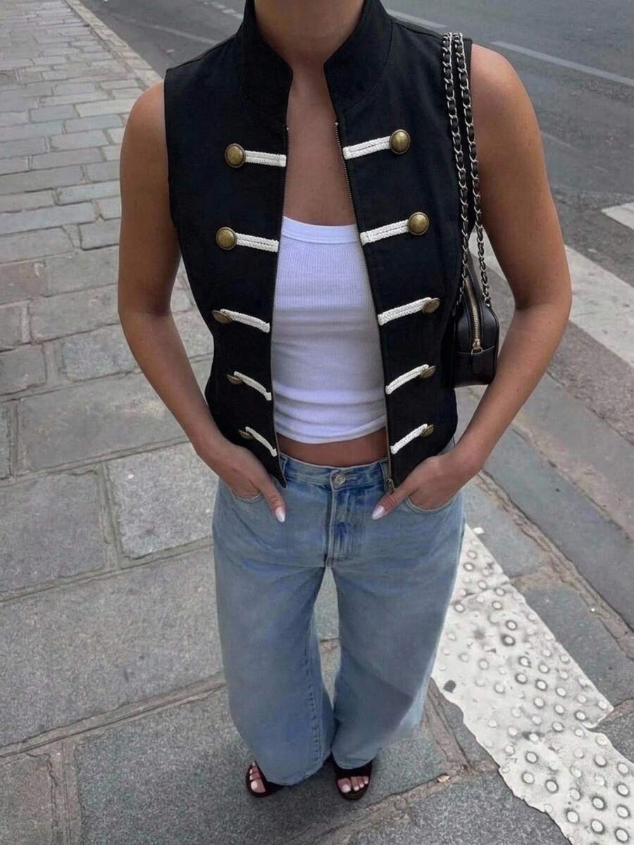 Aloruh 女款春夏新款青蛙鈕扣金屬扣拼色立領拉鍊無袖背心拿破崙上衣，適合街頭風、日常穿著，立領無袖背心，初秋穿搭