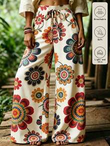 EMERY ROSE Plus Size Women Floral Print Casual Wide Leg Pants, Vacation Style Fall - Multicolor - View 1