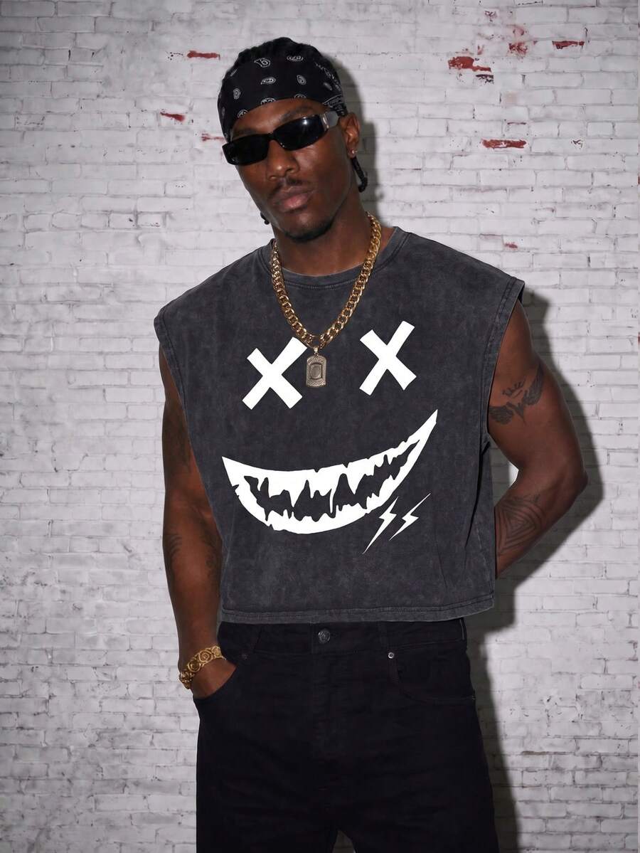 Manfinity EMRG Casual Ghost Face Print Washed Men Tank Top - Black - View 1