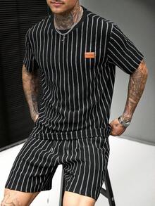 SLATEMANN 男士字母印花條紋短袖T恤與短褲休閒套裝 - 黑色 - 查看 5