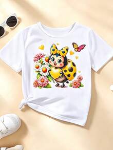 春夏休闲时尚创意可爱瓢虫、雏菊、波点、蝴蝶结、爱心、蝴蝶印花基础款短袖T恤，舒适百搭，适合女童日常穿着，春、夏、秋季皆宜。 - 白色 - 查看 3