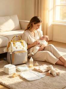 Cozy Pixies 1pc New Bear Decor Diaper Bag, Large Capacity Diaper Backpack, Multi-Functional Maternity & Baby Storage Bag - Khaki - View 7