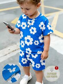 春夏两件套：婴幼儿男童休闲碎花短袖T恤和短裤套装，舒适日常穿着 - 彩色 - 查看 1
